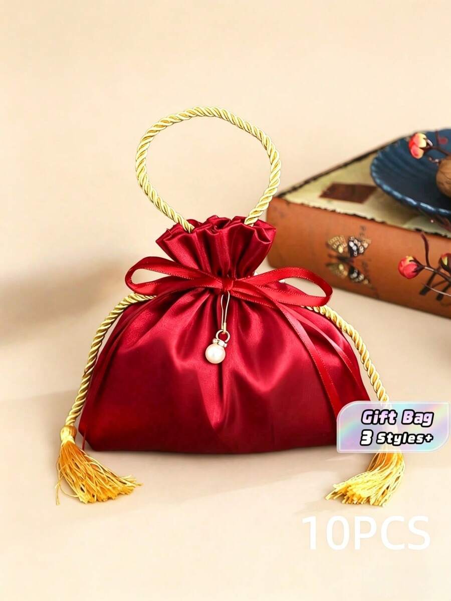 Bộ 10 túi lụa khóa kéo đựng kẹo cưới, túi quà tặng màu đỏ rượu vang đính ngọc trai, bao bì trưng bày đồ trang sức, quà lưu niệm đính hôn hoàn hảo, quà tặng tiệc tùng, túi quà tặng, có thể tái sử dụng. - Màu đỏ rượu vang - tua vàng - Xem 1