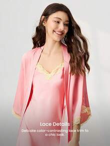 LUVLETTE Áo ngủ nữ màu hồng gợi cảm, chất liệu satin mềm mại, sang trọng, viền ren, thắt nơ phía trước, thoáng mát, thích hợp mặc ở nhà. - Bụi hồng - Xem 5