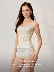 LUVLETTE Bộ đồ ngủ nữ bằng cotton mềm mại, ấm áp, in họa tiết hoa nhí và ren tinh tế, thích hợp mặc hàng ngày. - Màu xanh lam - Xem 8