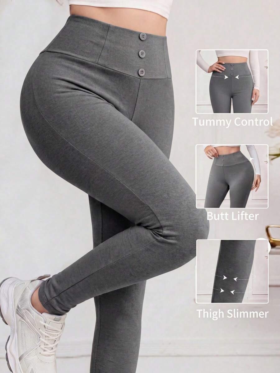 Modelyn Women's Casual Comfortable Button-Up Leggings - Dark Grey - View 1