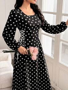 Modelyn Round Neck Lantern Sleeve Side Drawstring Dual-Color Print Dress - Black - View 2