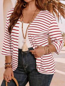 EMERY ROSE Plus Size Women Summer Vacation Striped 3/4 Sleeve Jacket, Autumn,Fall - Multicolor - View 3