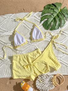 Swim Vcay Bộ bikini 3 món dành cho nữ, chất liệu vải trơn, có họa tiết, buộc dây cổ, thích hợp cho mùa hè. - Vàng nhạt - Xem 2