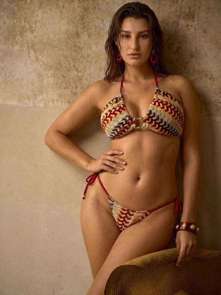 PLUS SIZE HANDCRAFTED BRAIDED ELEGANT NECKLACE, WOMEN BEACH VACATION SWIMSUIT BIKINI SET