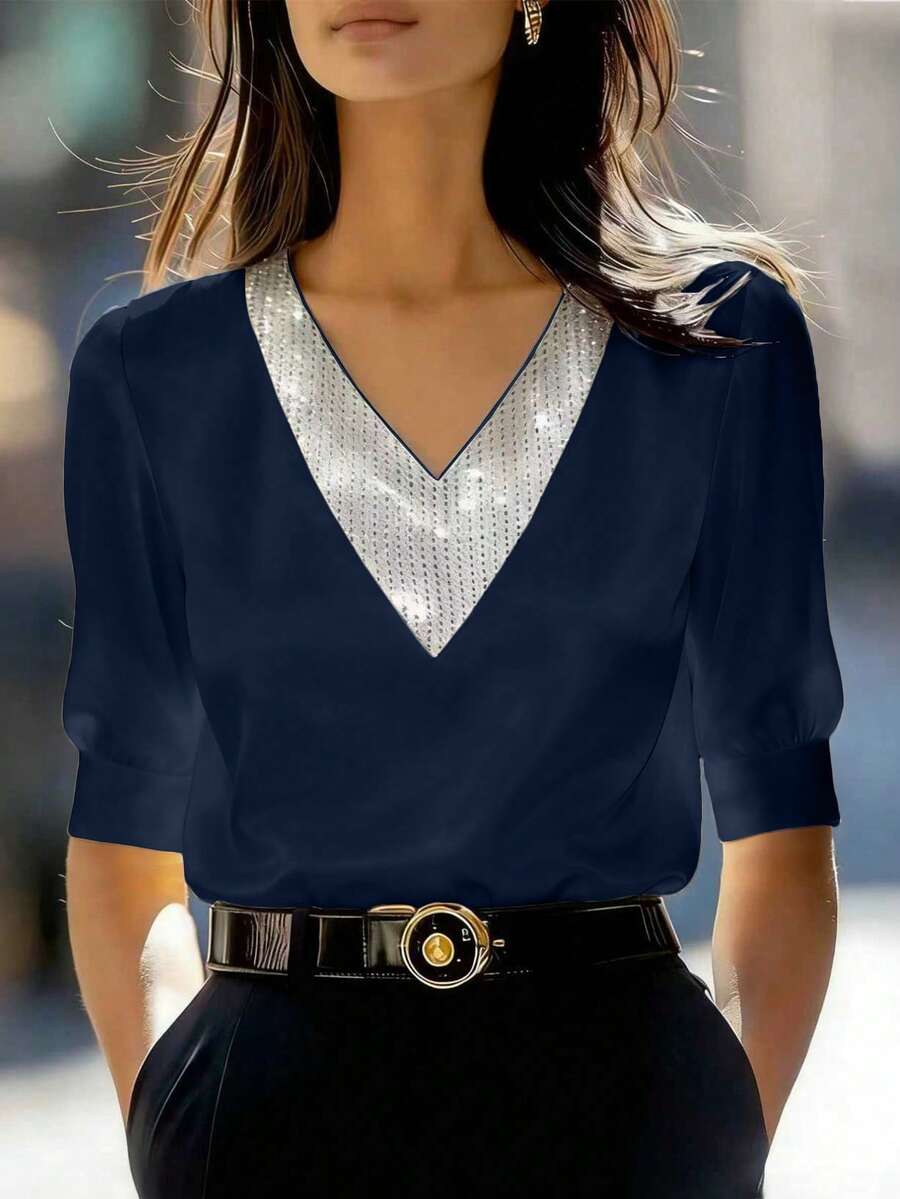 SHEIN 新款春夏时尚甜美V领拼接亮片装饰休闲轻盈优雅女式衬衫 - 寶藍色 - 查看 1