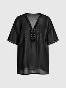 ROMWE Gothic Snake Skin Print Metal Chain Lace-Up Shirt Cover Up - Black - View 7