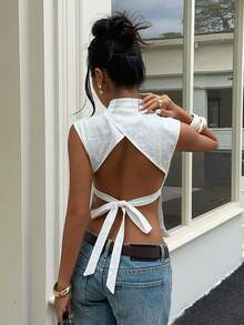 Aloruh 女士纯色立领前开衩系带露背无袖衬衫，适合通勤、办公、日常穿着、外出、休闲等场合。 - 白色 - 查看 9