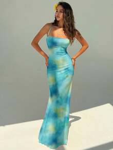 Aloruh Đầm nữ thanh lịch, tươi mát, màu xanh lá cây nhuộm tie-dye, in họa tiết toàn thân, hở lưng, cổ yếm, thích hợp cho kỳ nghỉ hè, đi biển, lễ hội âm nhạc, kỳ nghỉ hè. - màu xanh lá - Xem 5