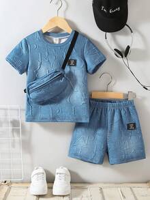 SHEIN Bộ 3 món cho bé trai: Áo thun ngắn tay dệt kim in chữ, quần short và túi xách, thích hợp cho các hoạt động thường ngày, mùa xuân/hè. - Màu xanh lam - Xem 8