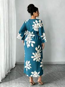 Elenzga Đầm maxi cỡ lớn dành cho nữ, thanh lịch, tối giản, thích hợp mặc đi làm hàng ngày, hẹn hò, dự tiệc, gợi cảm, xẻ tà ở cổ tay, ôm sát, màu mơ, họa tiết hoa đen. - Fresh Green - Xem 2