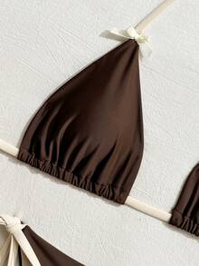 Swim Mod Bộ đồ bơi 3 món nữ 26SS Xuân/Hè mới, quần bikini tam giác buộc dây hở lưng cổ V phối màu đen trắng tương phản, trang trí nơ, cho kỳ nghỉ bãi biển - Cà phê nâu - Xem 6