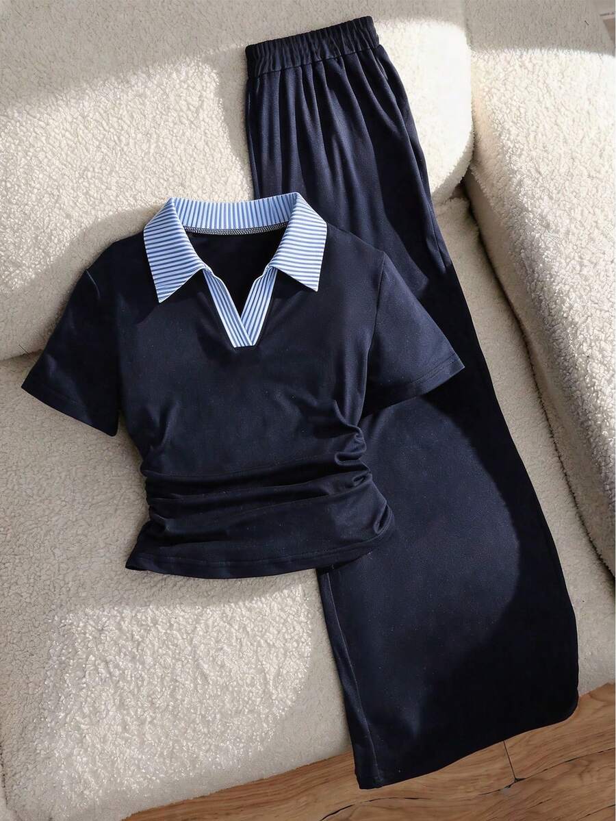 Tween Girl Striped Patchwork Ruffle Short Sleeve T-Shirt And Pants Casual Daily Outfit - Blue - View 1