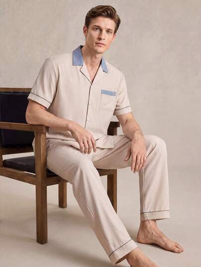 EverLounge Men's Casual Striped Patchwork Loungewear Set