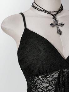 SHEIN ICON Atasan Wanita Ukuran Besar Gaya Y2K Seksi Hitam dengan Hiasan Renda dan Rumbai untuk Pesta Koktail Musim Panas - Hitam - View 8