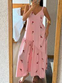 DAZY Floral Print Sleeveless Dress, Vacation Style Summer Nightgown For Women Pajamas - Pink - View 5