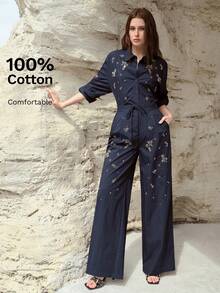 MOTF PREMIUM KEMEJA LENGAN PANJANG WANITA MODEL LONGGAR DENGAN KERAH LIPAT, MUSIM SEMI/PANAS - Navy Blue - View 2