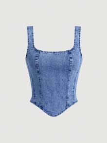 SHEIN MOD 女士方领不对称下摆休闲无袖牛仔上衣 - 中等水洗藍 - 查看 1