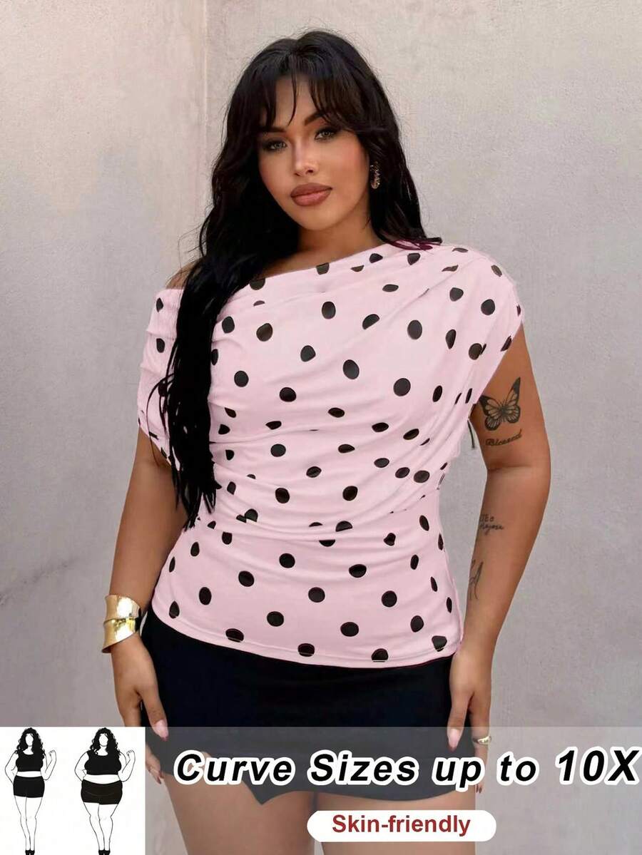 SHEIN CURVE+ 大尺碼波點優雅不對稱肩 T-shirt,春/夏晚宴生日粉色畢業辦公約會之夜 1920 年代 Flapper 風格 - 粉色 - 查看 1