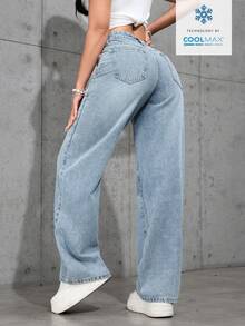 Jeanoix Casual Streetwear Washed High Waist Straight Leg Jeans Occasion Light Blue Summer - Medium Wash - View 2