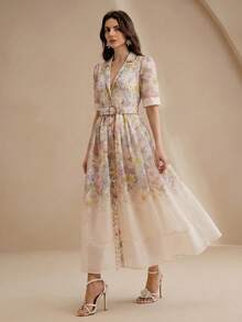 Anewsta Tall Spring/Summer Elegant Style Light Apricot High-End Positioning Printed Short Sleeve Cinched Cinched Waist-Front Shirt-Style Long Dress For Women - Multicolor - View 6