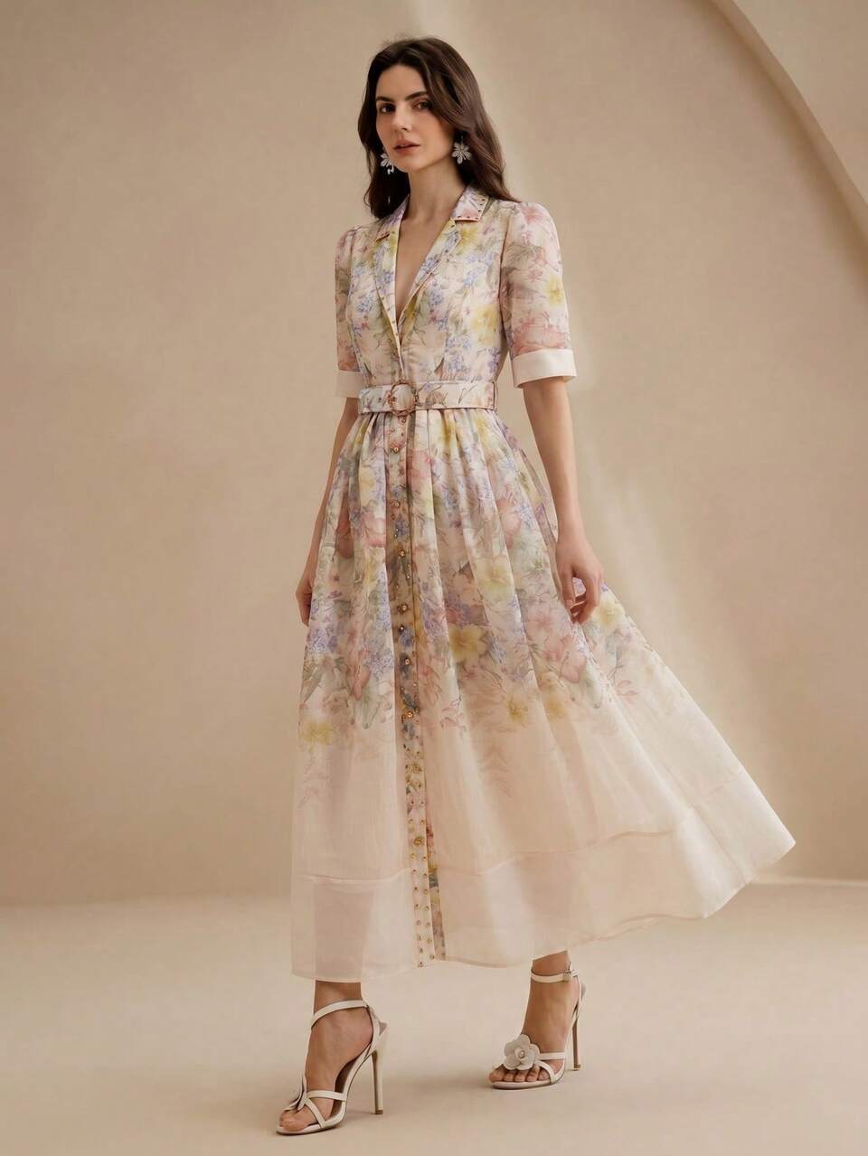 Anewsta Light Apricot High-End Printed Short Sleeve Cinched Waist Shirt Dress, Elegant Style For Spring/Summer