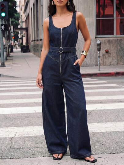 Avantive Bộ jumpsuit denim nữ dáng rộng, khóa kéo phía trước và túi, kiểu dáng thường ngày.