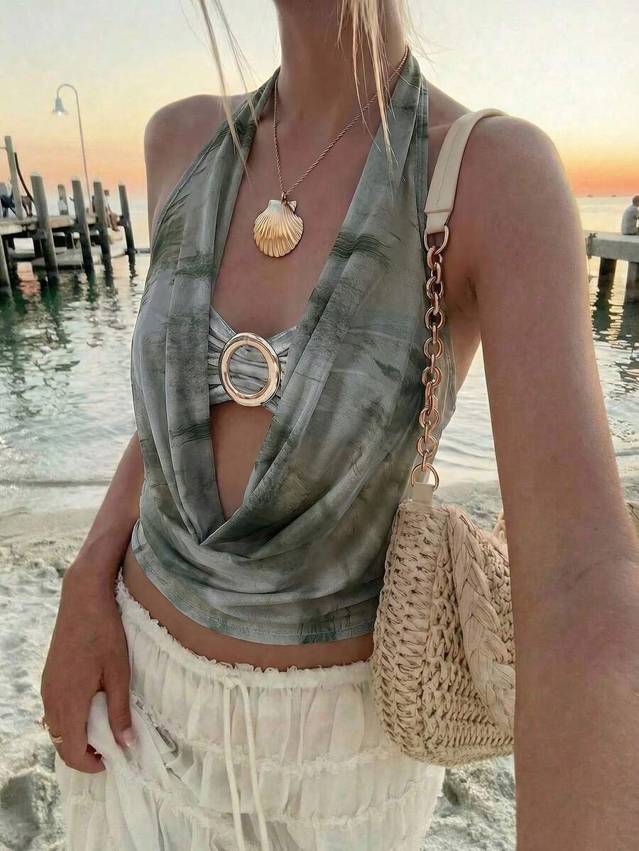 Aloruh 女款新款紮染印花波希米亞風掛脖無袖上衣,音樂節夏季上衣 - 軍綠色 - 查看 1