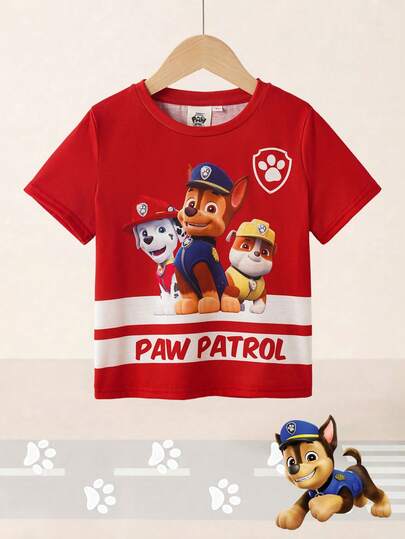 SHEIN | PAW Patrol 卡通字母印花圆领短袖T恤，男童款