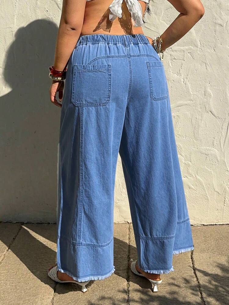 Sunnyshic Summer High Waist Drawstring Washed Loose Denim Jeans - Blue - View 2