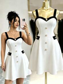 Endroma Elegant White And Black Knit Camisole Dress,A-Line Silhouette Color Block Design,Perfect For Summer Tea Party,Vacations,Everyday Wear & Commuting - Black and White - View 4