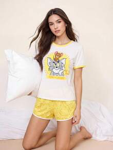 TOM & JERRY X SHEIN 女士卡通印花撞色圆领短袖T恤和领结短裤睡衣套装 - 黃色 - 查看 3