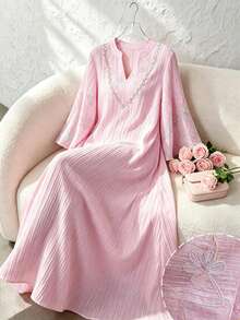 Yasmyna Elegant Floral Embroidered Textured 3/4 Sleeve Flared Dress, Suitable For Dates - Pink - View 12