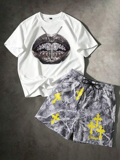 PAVTROS Pavtos Men's Street Style Sports & Casual Short Sleeve T-Shirt Set, Loose Fit Round Neck T-Shirt, Retro Street Style Unisex Couple Outfit, Music Festival, Skateboard, Citywalk Outfit, Boyfriend Gift