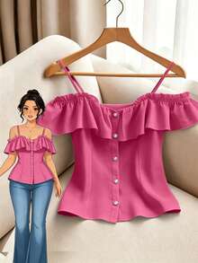 GlowEve CURVE Elegant Ruffled Off Shoulder Blouse For Plus Size Women - Hot Pink - View 1