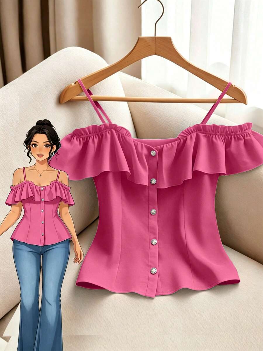 GlowEve CURVE Elegant Ruffled Off Shoulder Blouse For Plus Size Women - Hot Pink - View 1