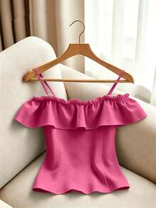 GlowEve CURVE Elegant Ruffled Off Shoulder Blouse For Plus Size Women - Hot Pink - View 2
