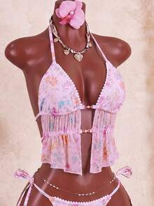 Swim Mod 女款甜美花卉毛球飾邊珍珠裝飾細肩帶露背性感輕盈比基尼背心套裝，適合海灘派對度假，粉色夏季 - 粉色 - 查看 5