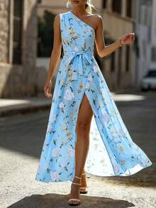 Balvessa Women's Fashion Asymmetric Neck Ruched A-Line Elegant Printed Pleated Split Dress, Suitable For Spring And Summer - Multicolor - View 6