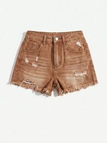 SHEIN EZwear Women's Fashion Versatile Pocket Distressed Raw Hem Denim Shorts - Coffee Brown - View 3