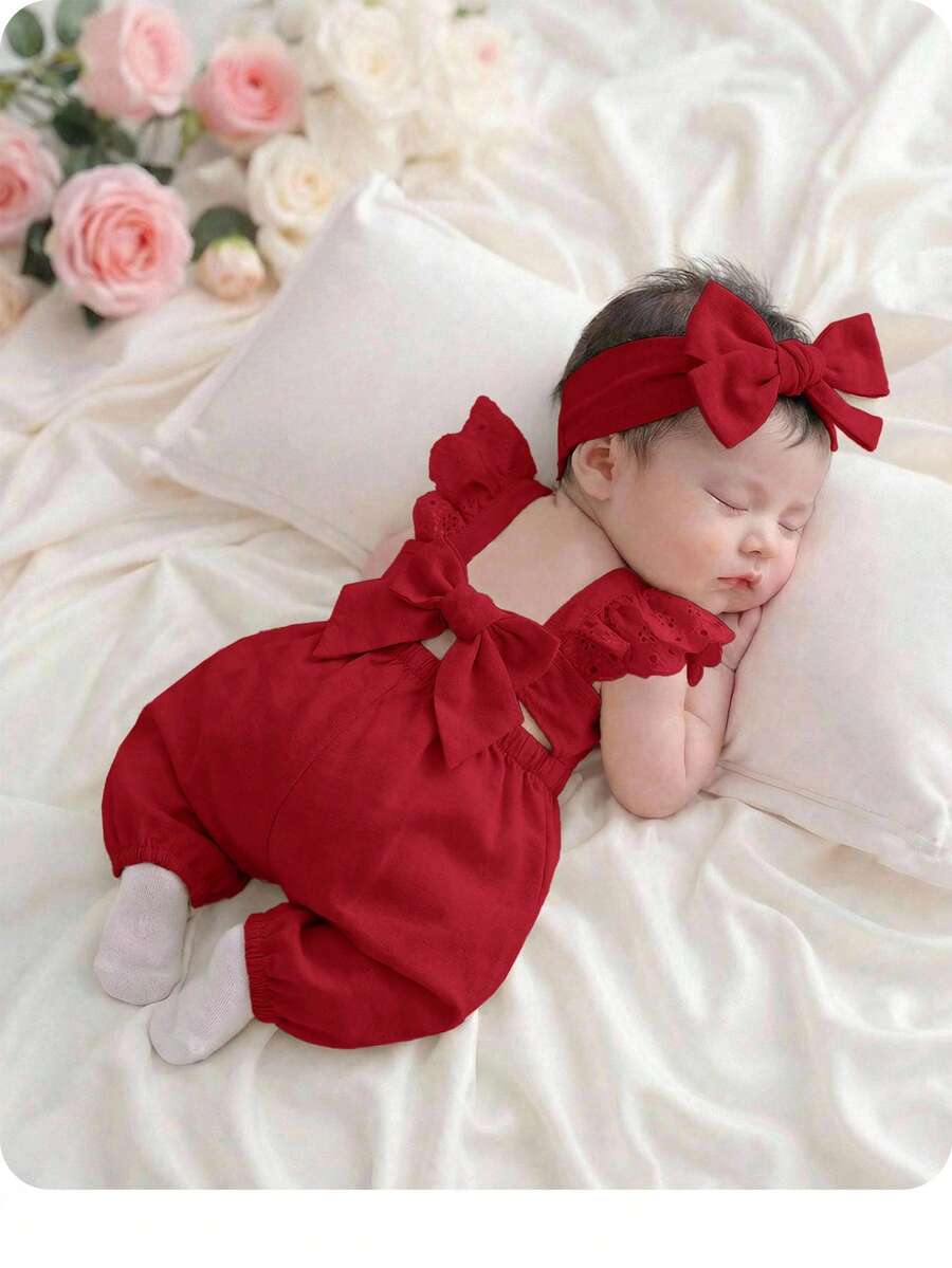 Newborn Baby Girl Cute Casual Versatile Bowknot Cap Sleeve Jumpsuit - Burgundy - View 1