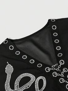 ROMWE Gothic Snake Skin Print Metal Chain Lace-Up Shirt Cover Up - Black - View 8
