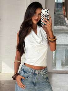 Aloruh Áo croptop trắng trơn hở lưng khoét cổ tròn gợi cảm dành cho nữ, thích hợp cho mùa hè. - trắng - Xem 2