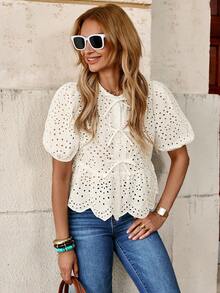 SHEIN Clasi Blusa elegante de senhora para férias, com laço à frente, mangas pétala, bordada e estilo cute, top de verão para o Dia de São Valentim - Damasco - Ver 5