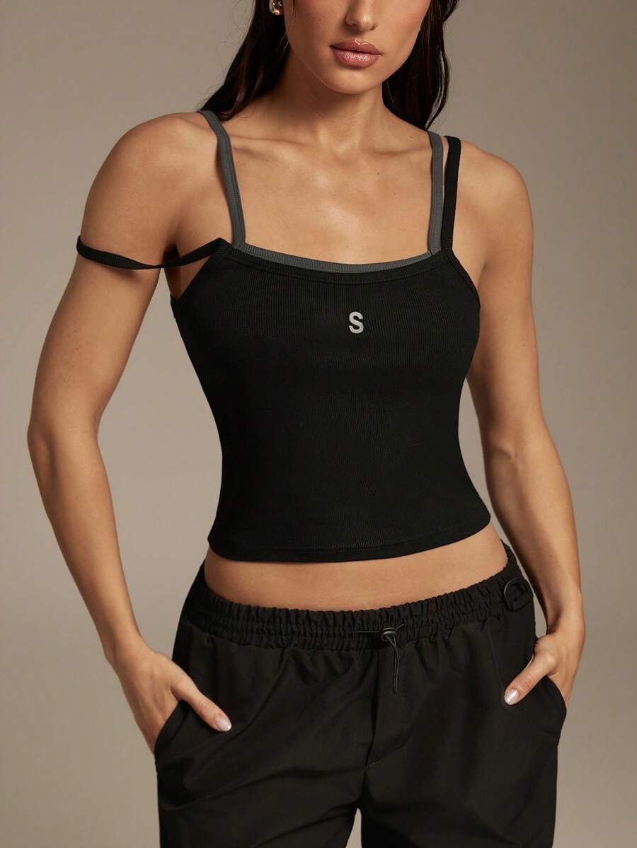 Silquee Áo camisole thể thao nữ in chữ, kiểu dáng thường ngày, thích hợp cho tập luyện thể thao. - màu đen - Xem 1