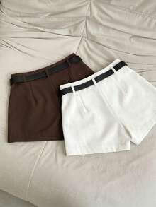 INAWLY Women's Solid Color Pleated Pocket Casual Shorts - Multicolor - View 2