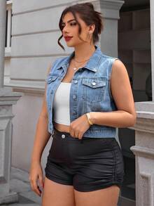 SHEIN Essnce Plus Size Women Casual Single-Breasted Denim Vest Jacket - Light Wash - View 4