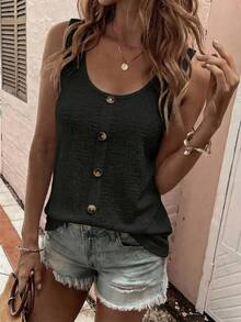 EMERY ROSE New Button Decor Textured Casual Versatile Round Neck Tank Top, Plus Size - Black - View 1