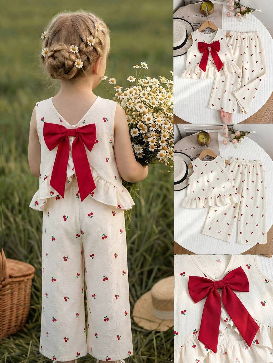Emery Rose Kids Emery Rose Kids 2件套少女格子圆领休闲背心和裤子套装 - 杏色 - 查看 1