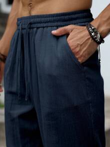 Palmeraft Celana Pria Ukuran Besar Warna Polos Katun dengan Tali Serut di Pinggang, Kasual Serbaguna untuk Pemakaian Sehari-hari, Liburan, dan Hari Raya - Navy Blue - View 5