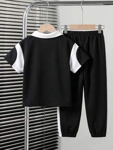 SHEIN Streecool Kids 男童休闲Polo衫长裤套装（2件套），宽松版型，撞色设计，适合日常、休闲、度假、聚会、街头风格等场合。 - 黑色 - 查看 2